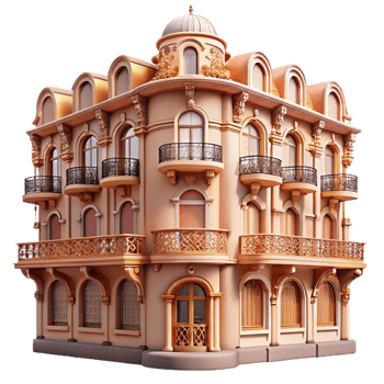 vibrant classic Art Nouveau apartment building, ornate facade, floral motifs, wrought iron balconies, vintage style, soft lighting exclusive png