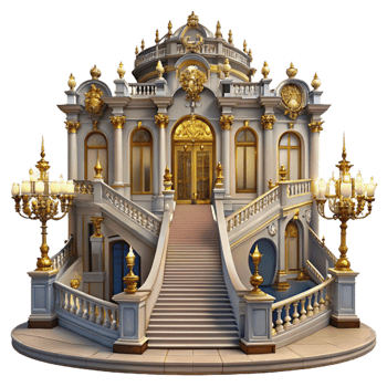 magnificent minimalist Baroque palace, ornate facade, gilded details, grand staircase, opulent chandelier lighting, historical painting style professional png