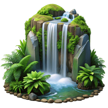 elegant minimalist A cascading waterfall surrounded by lush green moss and ferns, long exposure photography, diffused sunlight, realistic style genuine png