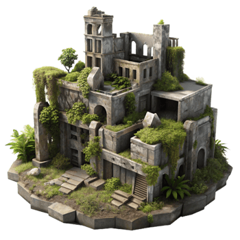 elegant classic Post-apocalyptic city ruins, overgrown with vegetation, crumbling buildings, eerie atmosphere, digital painting exclusive png