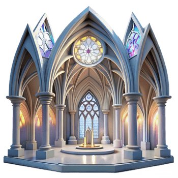 beautiful classic Gothic cathedral interior, stained glass windows depicting abstract shapes, volumetric lighting, ethereal atmosphere, art nouveau style professional png