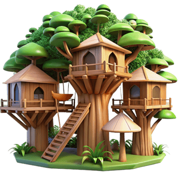 wonderful contemporary Treehouse village, interconnected wooden structures, lush foliage, dappled sunlight, fantasy style detailed png