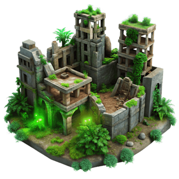 stunning modern Post-apocalyptic city ruins, overgrown with vegetation, decaying buildings, eerie green lighting 4K png