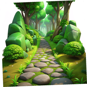 elegant contemporary A lush, overgrown forest path, dappled sunlight filtering through the canopy, vibrant green moss covering ancient stones, fairytale illustration style premium png