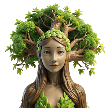 elegant traditional A serene dryad emerging from an ancient oak tree, adorned with moss and vines, sunlight dappling through leaves. Hyperrealistic style detailed png