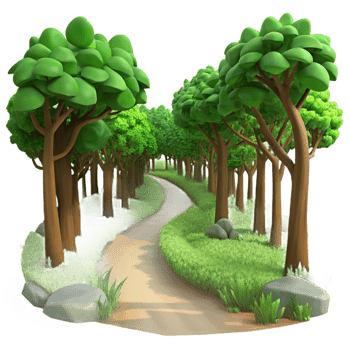 wonderful creative A winding path through a lush, green forest, dappled sunlight filtering through the canopy, soft focus, Impressionist style authentic png