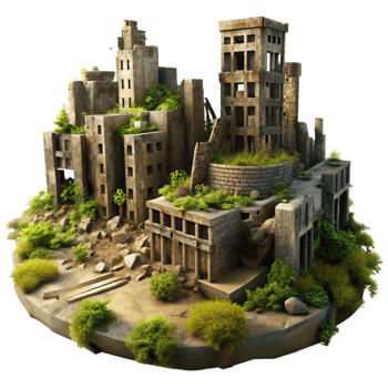 serene artistic Post-apocalyptic ruined city, crumbling buildings, overgrown vegetation, hazy sunlight, digital painting original png