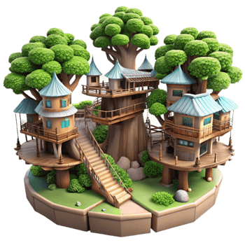 stunning abstract Giant treehouse village, interconnected platforms and bridges, lush foliage, fantasy art style premium png