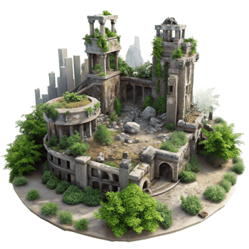 dramatic abstract Post-apocalyptic ruined city, overgrown with vegetation, muted colors, eerie atmosphere, digital painting, detailed png