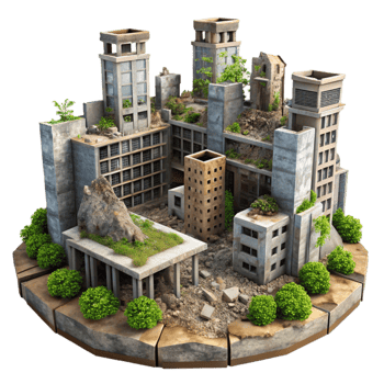 stunning classic Post-apocalyptic city, crumbling buildings, overgrown vegetation, hazy daylight, desolate style 4K png