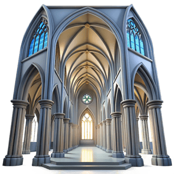 dramatic rustic Gothic cathedral interior, towering ribbed vaults, stained glass windows depicting celestial scenes, dim ethereal lighting, hyperrealistic style authentic png