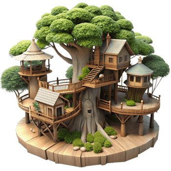 wonderful modern Giant treehouse village, interconnected platforms and bridges, lush foliage, fantasy art style exclusive png