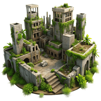 extraordinary vintage Post-apocalyptic ruined city, overgrown with vegetation, muted colors, eerie atmosphere, digital painting, high quality png