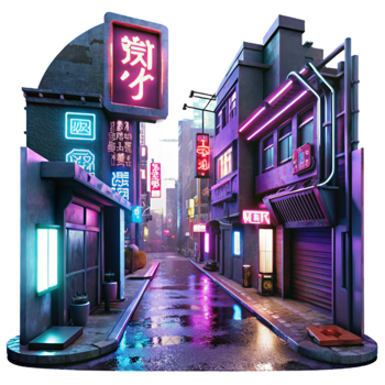 dramatic modern Cyberpunk city street, neon signs in kanji, rainy night, reflections in puddles, gritty and detailed textures high quality png