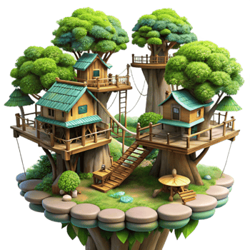 vibrant creative Giant treehouse village, interconnected platforms and bridges, lush foliage, fantasy art style detailed png