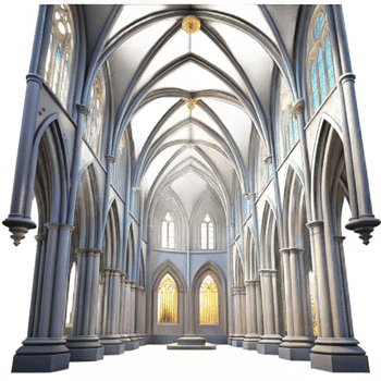dramatic traditional Gothic cathedral interior, towering ribbed vaults, stained glass windows depicting celestial scenes, dim ethereal lighting, hyperrealistic style authentic png