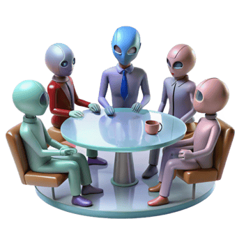 serene traditional A group of alien diplomats gathered around a holographic table, discussing interstellar politics, formal and dignified lighting, photorealistic style exclusive png