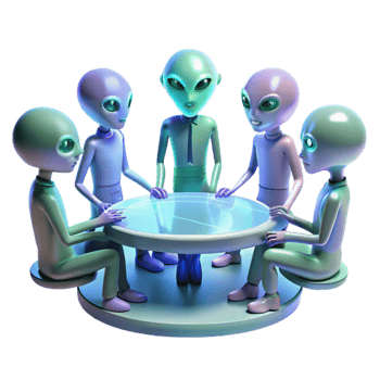 wonderful contemporary A group of alien diplomats gathered around a holographic table, discussing interstellar politics, formal and dignified lighting, photorealistic style 4K png