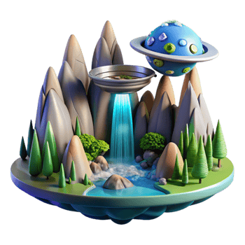 impressive rustic A spaceship landing on a lush alien planet, waterfalls cascading down towering mountains, vibrant flora and fauna surrounding the landing site. Photorealistic style exclusive png