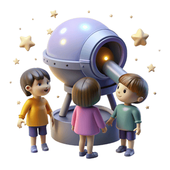 magnificent artistic A group of children gazing up at the stars from a futuristic observatory. Wonder, inspiring, soft lighting high resolution png