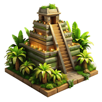 elegant traditional An ancient ziggurat overgrown with jungle vegetation, mystical atmosphere, warm lighting, hyperrealistic rendering genuine png