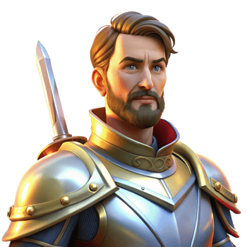 impressive abstract Portrait of a noble knight in shining armor, lit by the sun glinting off their sword, in a medieval painting style exclusive png