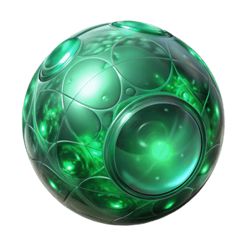 extraordinary minimalist A shimmering, translucent orb pulsating with an inner light of emerald green, surrounded by intricate, glowing runes, in a dark, ethereal void. Abstract art style detailed png