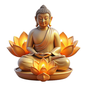 elegant classic A serene, meditating Buddha statue emanating a golden aura, surrounded by floating, glowing lotuses, illuminated by a soft, divine light. Buddhist art style professional png