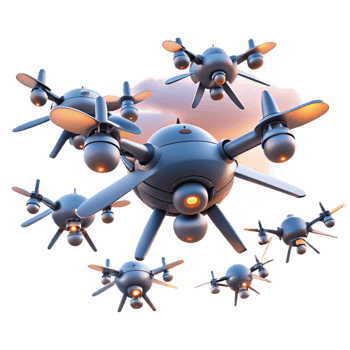 wonderful modern A swarm of drones flying in formation, creating complex patterns in the sky, sunset lighting, futuristic and technological style original png