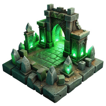 serene creative An ancient, crumbling ruin with glowing, mystical runes carved into its walls, illuminated by an eerie, green light. Dark fantasy landscape art style authentic png