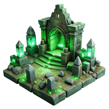extraordinary vintage An ancient, crumbling ruin with glowing, mystical runes carved into its walls, illuminated by an eerie, green light. Dark fantasy landscape art style 4K png