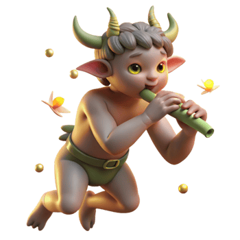 elegant classic A mischievous satyr playing a pan flute, surrounded by dancing nymphs, lit by the soft glow of fireflies. Rococo style authentic png