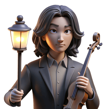 impressive abstract Portrait of a melancholic musician with long dark hair, holding a violin, lit by a dim streetlight, in a noir art style high resolution png