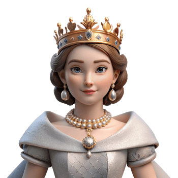 stunning contemporary Portrait of a regal queen with a jeweled crown, elegant gown, and a commanding presence, lit by a grand chandelier, in a classical painting style high quality png