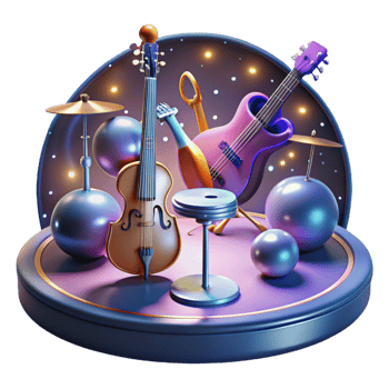 beautiful minimalist A group of floating musical instruments playing themselves, illuminated by stage lighting. Surrealism style exclusive png