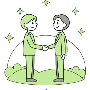 Flat Business handshake merging into green landscape and copy space concept as Glossy image showing a business handshake that merges seamlessly into a green landscape symbolizing h flat vector