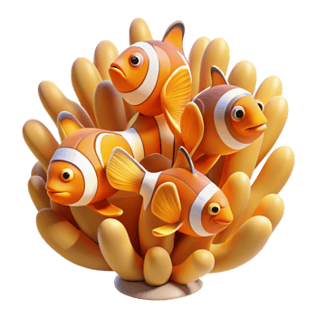 vibrant vintage A school of vibrant clownfish darting through the waving tentacles of a sea anemone, illuminated by dappled sunlight. Photorealistic, National Geographic style high resolution png