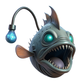 vibrant vintage A deep-sea anglerfish, its bioluminescent lure attracting smaller fish, in a dark, horror-inspired style genuine png