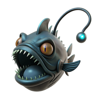magnificent artistic A deep-sea anglerfish, its bioluminescent lure attracting smaller fish, in a dark, horror-inspired style exclusive png