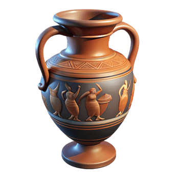 elegant traditional A close-up of an ancient Greek amphora, intricately painted with mythological scenes, soft lighting, realistic style, detailed png