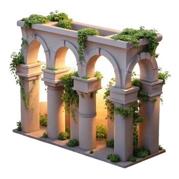 serene abstract A ruined Roman aqueduct, overgrown with ivy, sunset lighting, melancholic mood, photorealistic style, detailed png