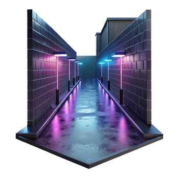 impressive minimalist A rain-soaked alleyway illuminated by a single neon sign, reflective surfaces, noir style professional png