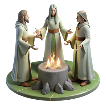 serene traditional A group of ancient Celtic druids performing a ceremony in a forest, mystical lighting, ethereal style, exclusive png