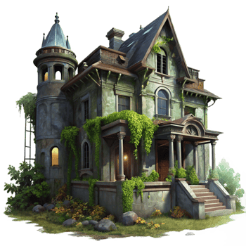 magnificent minimalist Abandoned Victorian mansion, overgrown with ivy, dim moonlight filtering through broken windows, spooky atmosphere, digital painting premium png