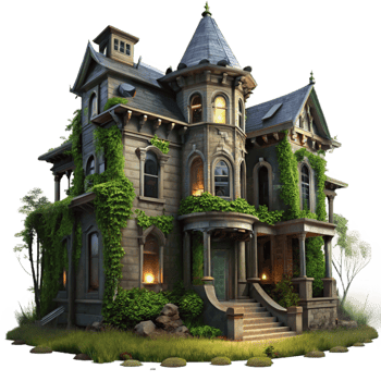 beautiful abstract Abandoned Victorian mansion, overgrown with ivy, dim moonlight filtering through broken windows, spooky atmosphere, digital painting exclusive png