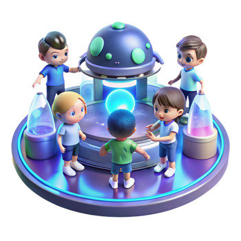 elegant artistic A group of children playing with holographic toys in a futuristic playground. Bright, playful lighting. Sci-fi slice-of-life style 4K png