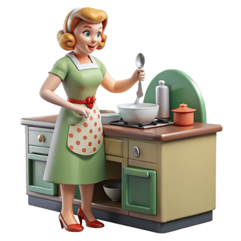 beautiful artistic A 1950s housewife preparing dinner in a brightly lit kitchen. Retro, illustrative style premium png