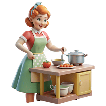 magnificent vintage A 1950s housewife preparing dinner in a brightly lit kitchen. Retro, illustrative style high resolution png