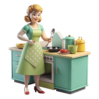 stunning vintage A 1950s housewife preparing dinner in a brightly lit kitchen. Retro, illustrative style detailed png