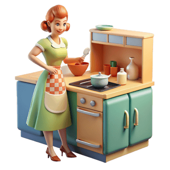 elegant minimalist A 1950s housewife preparing dinner in a brightly lit kitchen. Retro, illustrative style high resolution png